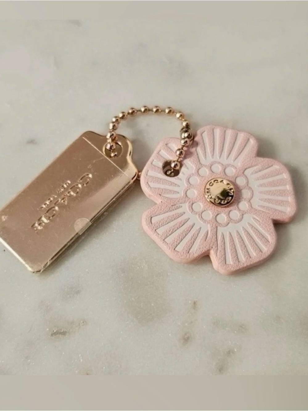 Coach Pink Leather Flower Key Charm with Rose Gold Tag
